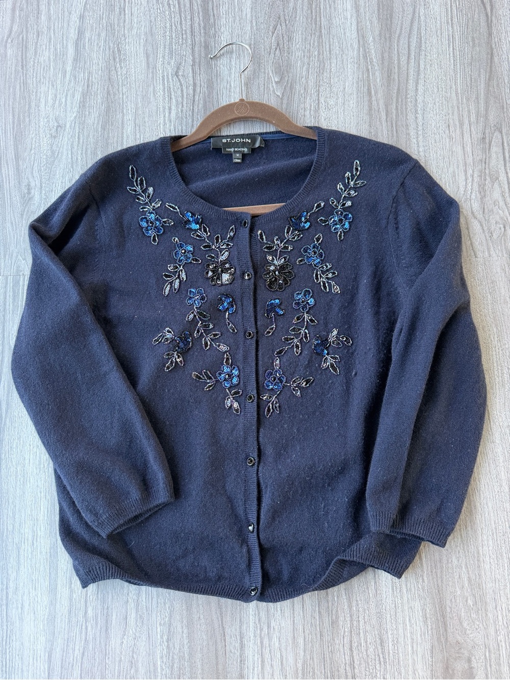 St. John Navy Blue Wool Cashmere Hand Beaded Sequin Cardigan Sweater Medium